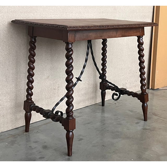 19th Spanish Side Table With Cared Turned Legs and Iron Stretcher For Sale - Image 4 of 6