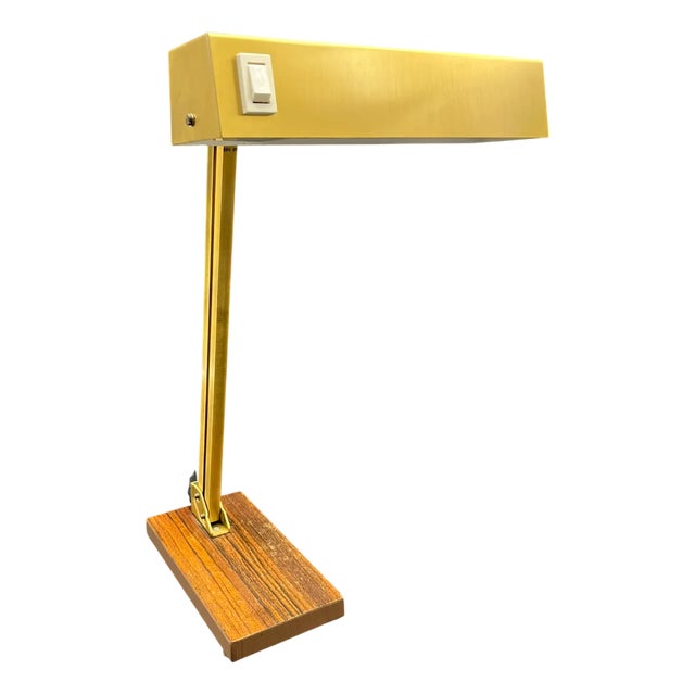 Vintage Brass Bankers Lamp with Wood Veneer Base by Pfäffle, 1960s For Sale