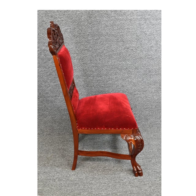 Vintage Renaissance Revival Style High Back Fireside Accent Chair Carved Birds Mahogany Velvet Upholstery Nail Head...