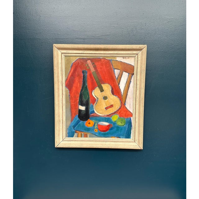 Rn, Still Life with Guitar and Wine Bottle, 1949, Oil Painting on Canvas, Framed For Sale - Image 16 of 18