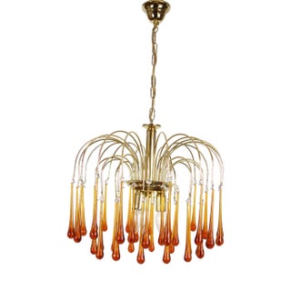 Gold-Plated Metal & Murano Glass Drop Chandelier by Paolo Venini for Mand Eurolux, 1970s For Sale