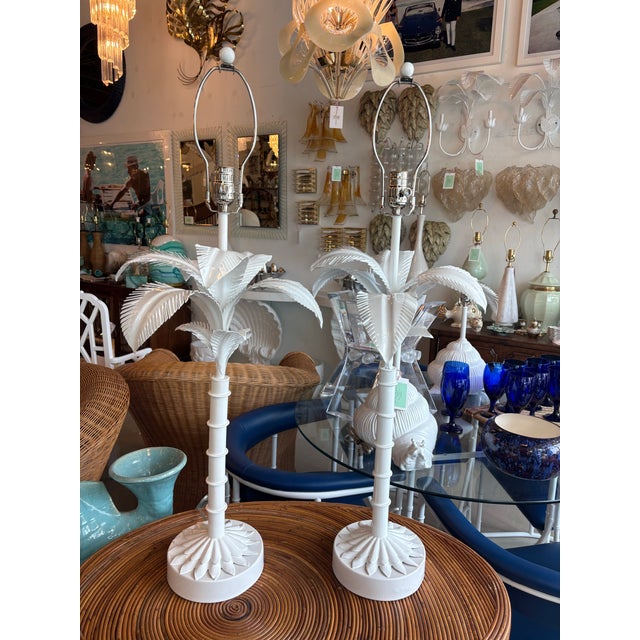 Hollywood Regency Vtg. Pair 1973 Palm Beach Tree Leaf Table Lamps Restored White Tole Newly Wired For Sale - Image 3 of 10