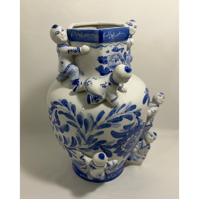 Ceramic Vintage Chinese Blue & White Fertility Boys Porcelain Vase For Sale - Image 7 of 7