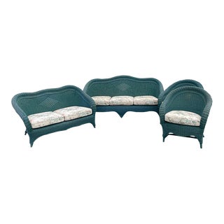Vintage Wicker Sofa Set Painted Green -4 Pieces For Sale