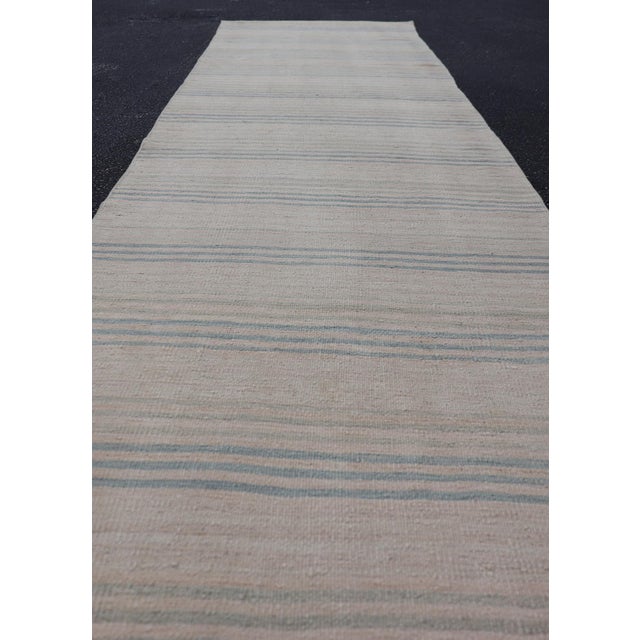 Ivory Striped Turkish Vintage Kilim Runner in Ivory and Soft Blue Tones For Sale - Image 8 of 11