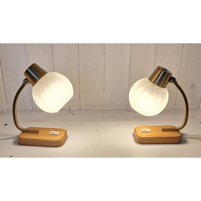 1980s Vintage Bedside Lamps with Spruce Wood Base, Metal Frame and Segmented White Glass Shade, 1980s, Set of 2 For Sale - Image 5 of 8