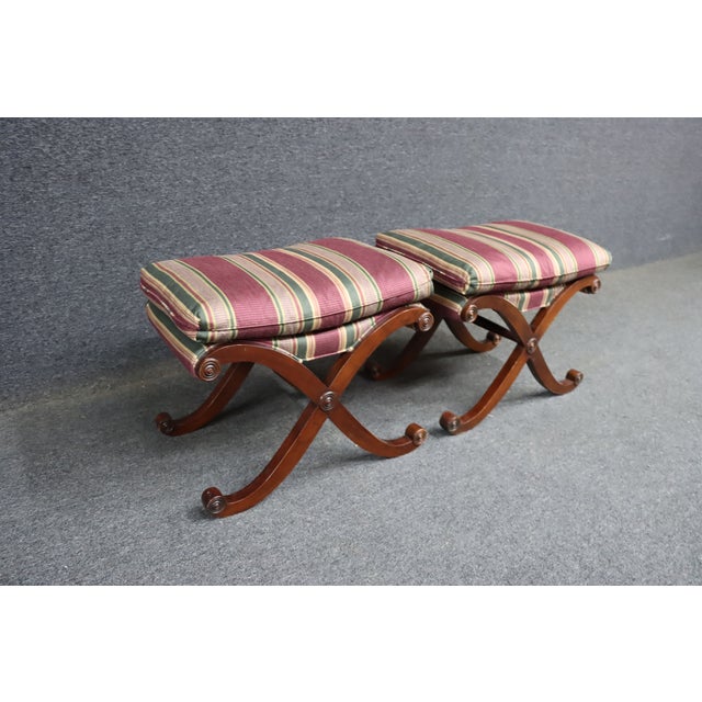 Campaign Hickory Chair Company X-Base Upholstered Mahogany Stools For Sale - Image 3 of 9