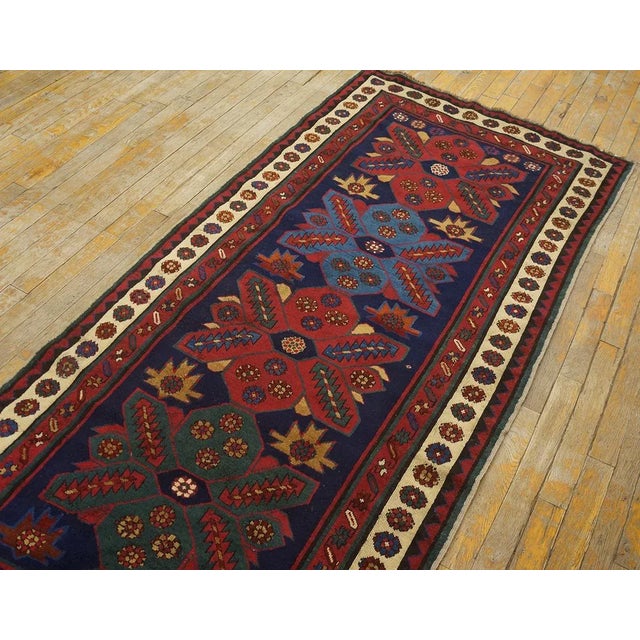 1900s Blue Navy Tribal Geometric Antique Caucasian Kazak Talish Runner Rug For Sale - Image 4 of 12
