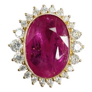 8.94 CTW Vintage Style No-Heat Burmese Ruby & Diamond Halo Ring 18k Yellow Gold, Size 7 For Sale