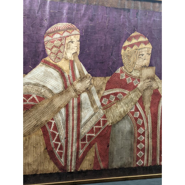 An extraordinary oversized vintage Andean folk art composition depicting two traditional musicians, intricately...