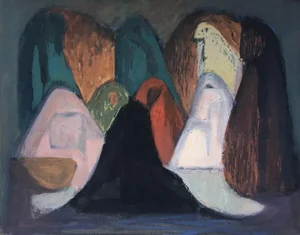 A 1940s Watercolor of a Group of Moody and Veiled Figures by Artist Andre Delfau