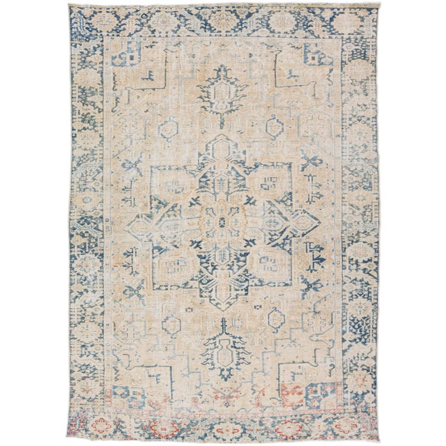 Beige Antique Persian Heriz Shabby Chic Handmade Wool Rug For Sale - Image 11 of 11