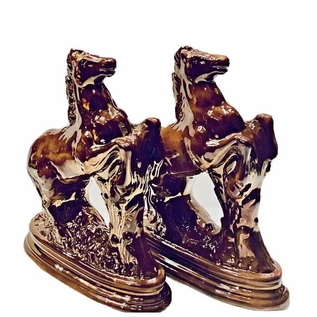Traditional Antique Staffordshire Copper Luster Rearing Stallion Mantle Figurines, Circa 1910 For Sale - Image 3 of 11
