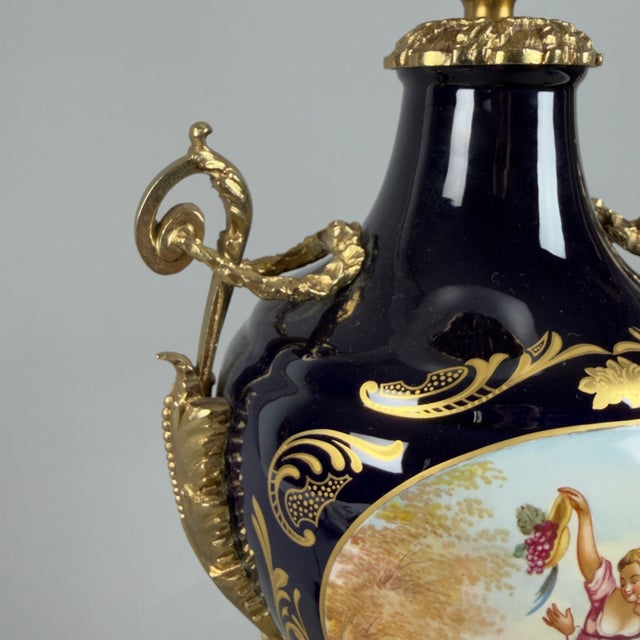 Antique French Porcelain, Brass and Satin Glass Table Lamp, 20th Century For Sale - Image 9 of 13