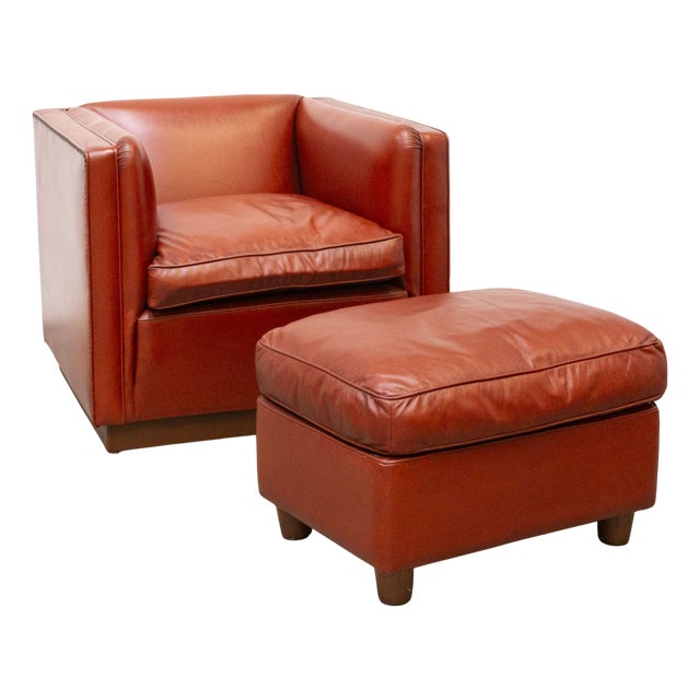 Set of Leather Armchair with Footstool For Sale