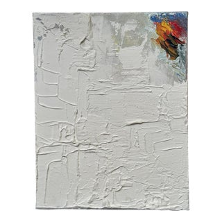 Abstract Modern Monochromatic Textured Impasto Original Painting, White, Orange, Blue, Framed For Sale