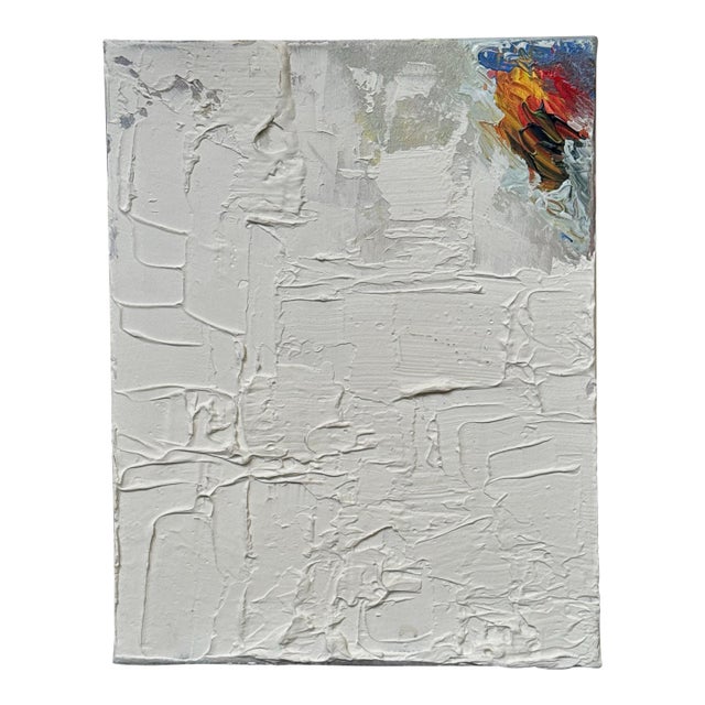 Abstract Modern Monochromatic Textured Impasto Original Painting, White, Orange, Blue, Framed For Sale