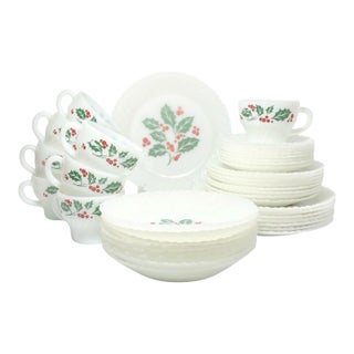 1970s Vintage 40-Piece Milk Glass Dinnerware Set Service 8 Holly Christmas For Sale