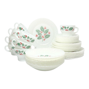 1970s Vintage 40-Piece Milk Glass Dinnerware Set Service 8 Holly Christmas
