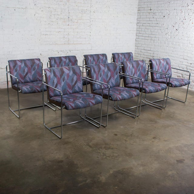 Modern Late 20th Century Modern Krueger Set 8 Dining Armchairs Chrome Steel Rod Frames & Geometric Fabric For Sale - Image 3 of 18