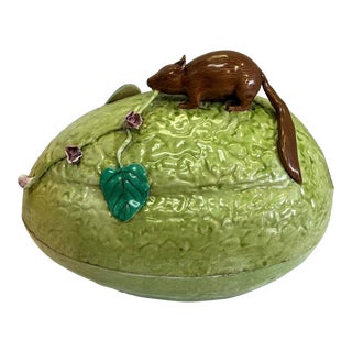 Mid-Century Chinese Export Hand Painted Nut Form Pottery Tureen / Dish With a Squirrel Finial For Sale