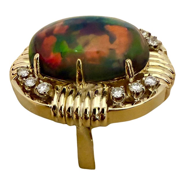 10Ct Oval Shape Black Australian Opal Cocktail Ring 14 Kt Yellow Gold, Size 6.5 For Sale