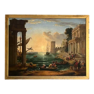 19th C., After Claude Lorrain "Embarkation of the Queen of Sheba" Oil on Canvas