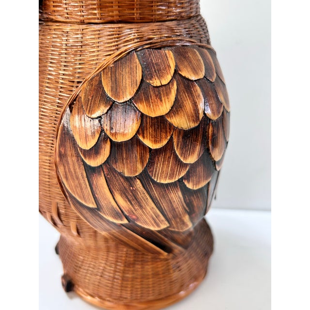 Brown Vintage Wicker Owl Lidded Basket With Carved Wood Feathers For Sale - Image 8 of 11