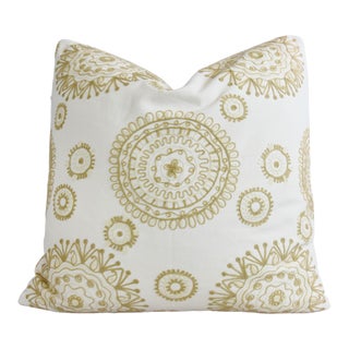Designer Gold/Cream Embroidered Feather/Down Pillow 24" Square For Sale