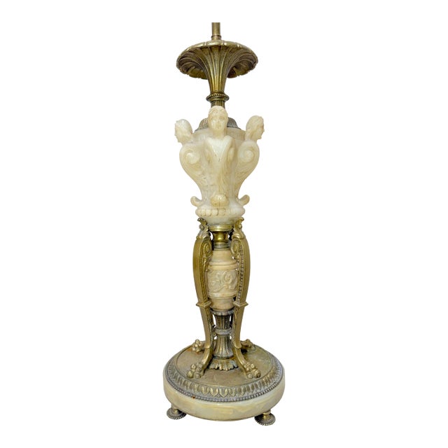 Large Antique Ornate Hand Carved Figural Alabaster Cast Iron Electric Table Lamp For Sale