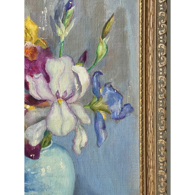 Lavender Early 20th Century Oil Painting Colorful Still Life of Irises in a Blue Vase For Sale - Image 8 of 15