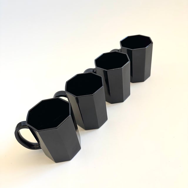 Postmodern Postmodern Black Octagon Milk Glass Mugs - Set of 4 - "Octime" by Arcoroc, France For Sale - Image 3 of 8