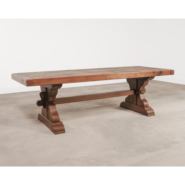 Mid 20th Century Country French Oak Refectory Farmhouse Trestle Dining Table 8 Ft. For Sale - Image 5 of 17