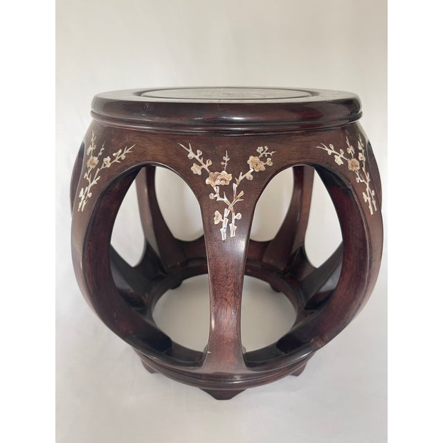 Chinese Mid 20th Century Chinese Hardwood Melon Shape Garden Seat Side Table With Mother of Pearl Inlay For Sale - Image 3 of 10