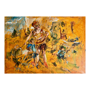 Raoul MiddlemanLarge Abstract Beach Scene Oil Painting Woman with Children Raoul Middleman, c.1970's