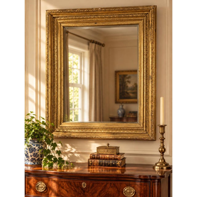 This fine antique 19th century gilt wood mirror presents an elegant and timeless profile, crafted with the richly detailed...