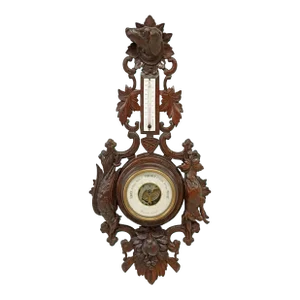 Antique French Henri II Hunt Style Carved Oak Wall-Mounted Barometer Thermometer