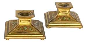 Pair American Louis C. Tiffany Furnaces Bronze Dore Enamel Twisted Rope Candleholders