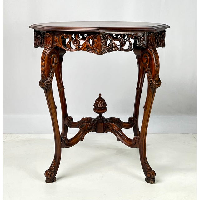 Early 20th Century Rococo Revival Carved Walnut & Burl Octagonal Accent Table For Sale - Image 5 of 16