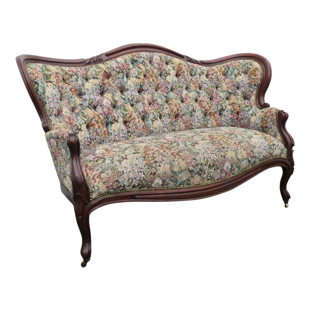 Victorian Late 1800s Hand Carved Solid Walnut Loveseat Settee 1300