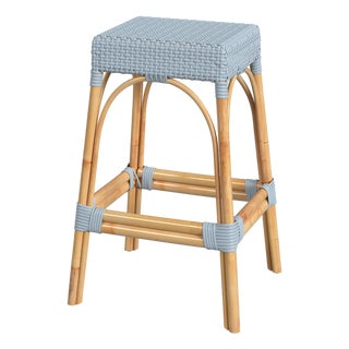 Robias 30 in. Seat Height Rectangular Rattan Backless Bar Stool, Baby Blue/ Natural Rattan Frame For Sale