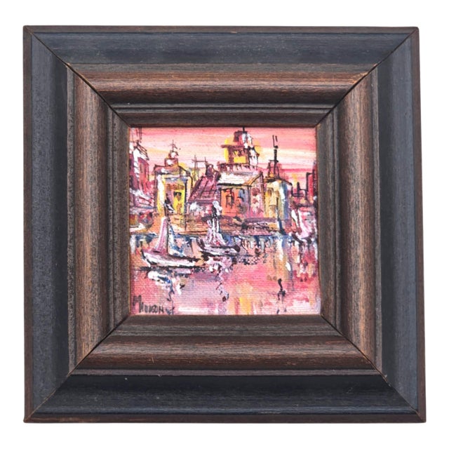 Mid-Century Harbor Sunset Miniature Oil Painting by Margery Hudson For Sale