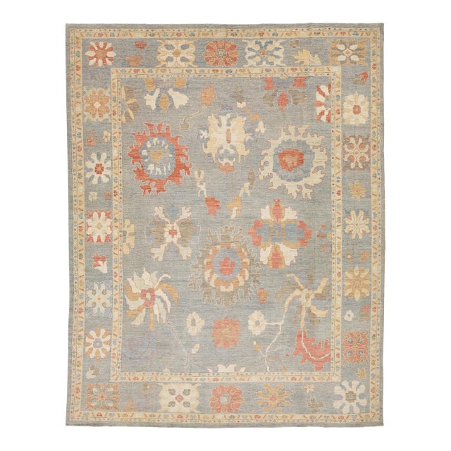 Contemporary Oushak Turkish-Inspired Floral Area Rug in Soft Earth Tones 12x16 For Sale