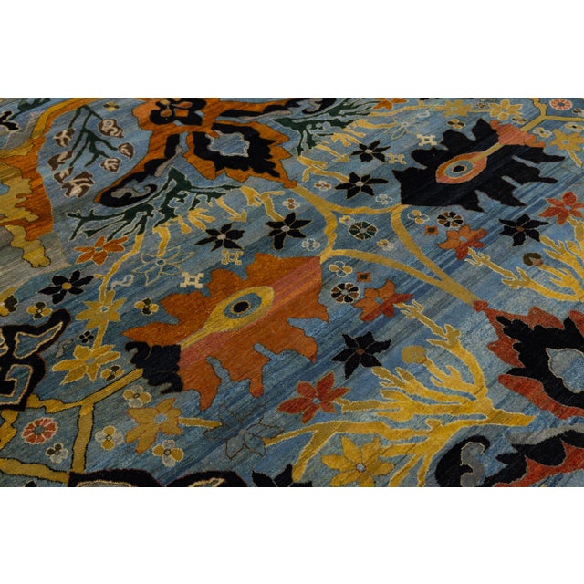 Modern Blue and Gold Bidjar Style Hand-Knotted Wool Rug With Palmette Motifs For Sale - Image 9 of 11