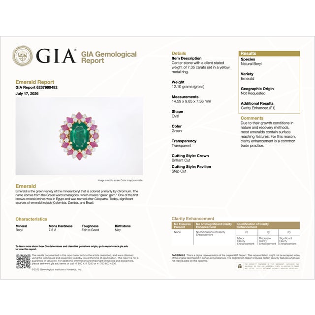 Late 20th Century Gia Certified 11.39Ct Zambian Emerald, Ruby & Diamond 18k Gold Cocktail Ring, Size 6 For Sale - Image 13 of 13