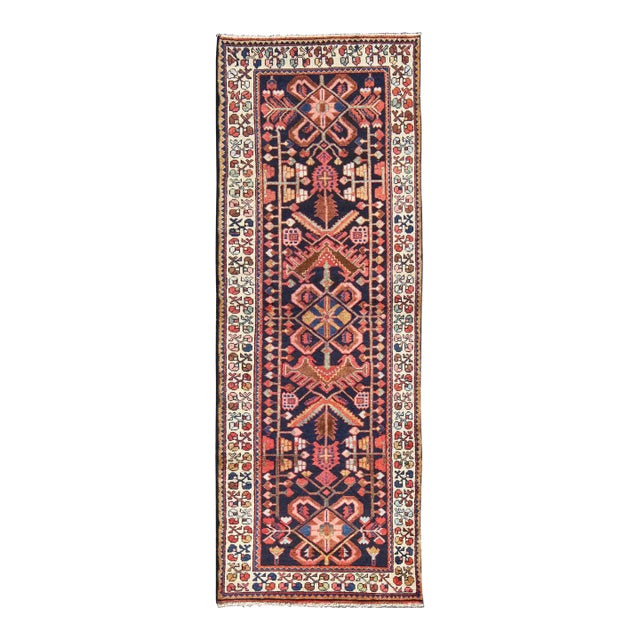Tribal Midcentury Persian Hamedan Rug in Midnight Blue, Red, Green and Brown For Sale