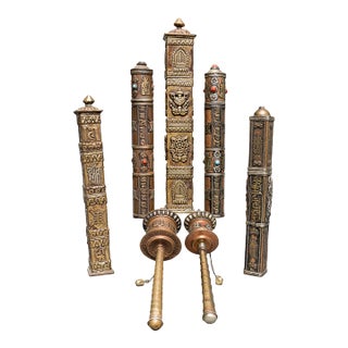 Collection of Tibetan Buddhist Prayer Wheels and Amulet Cases—Set of Seven For Sale