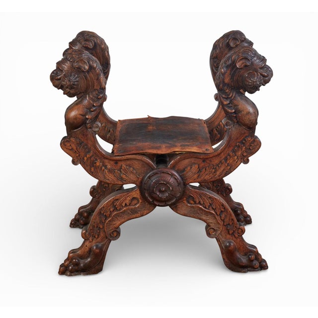 Traditional Monumental 19th-Century Renaissance Revival Carved Walnut Folding Stool For Sale - Image 3 of 13