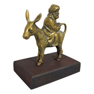 Brass Statue of Man on Donkey with Wooden Base, 20th Century For Sale