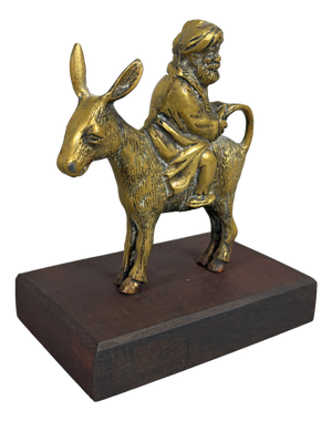 Brass Statue of Man on Donkey with Wooden Base, 20th Century